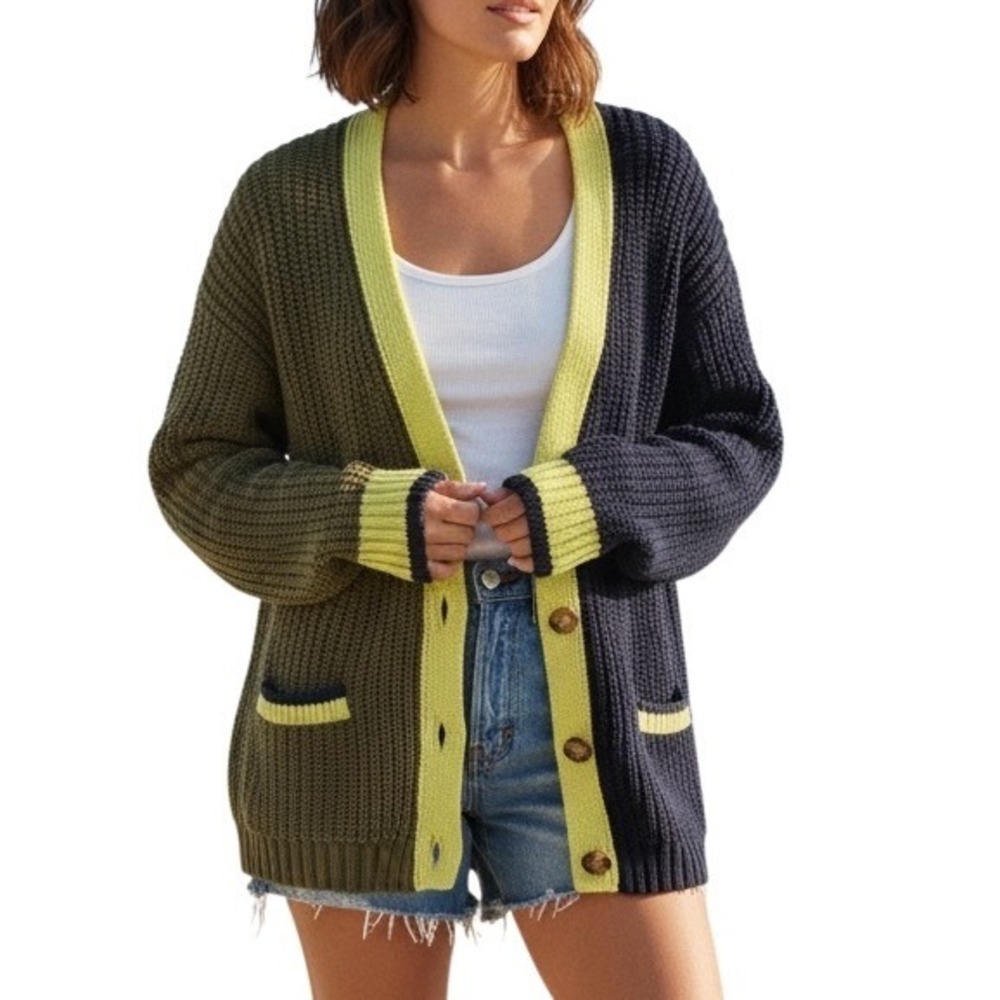 American Eagle Colorblock Fisherman Knit Cardigan Large‎ Coastal Nautical Preppy